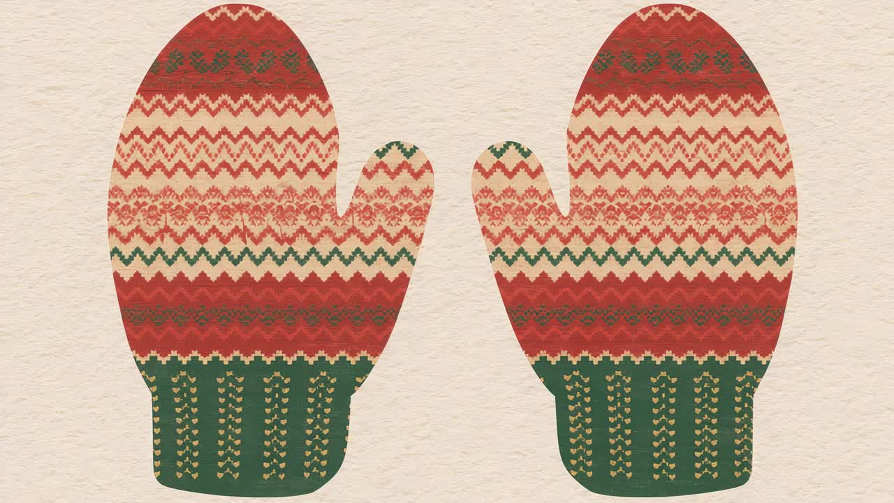 Snowflakes entering from offscreen drifting across Fair Isle mittens on beige paper evoking winter