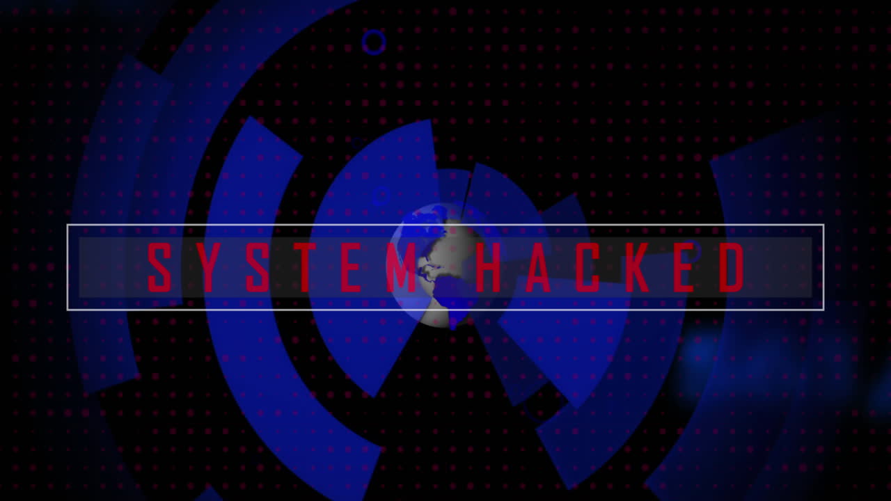 animación de texto hackeado del sistema, lenguaje informático y globo en patrón circular
