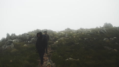 two-young-men-hiking-with-their-dog-outdoors