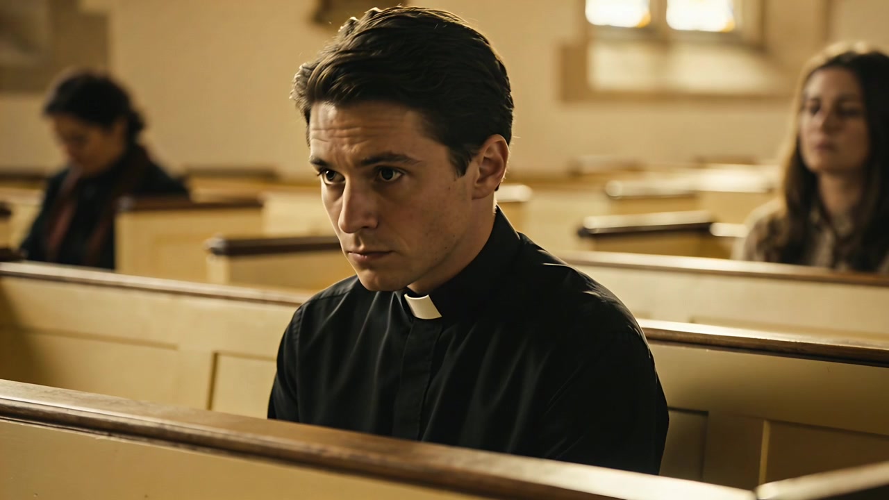 Alzando la testa, un uomo in camicia clericale bianca si alza da un banco in chiesa e cammina verso destra.
