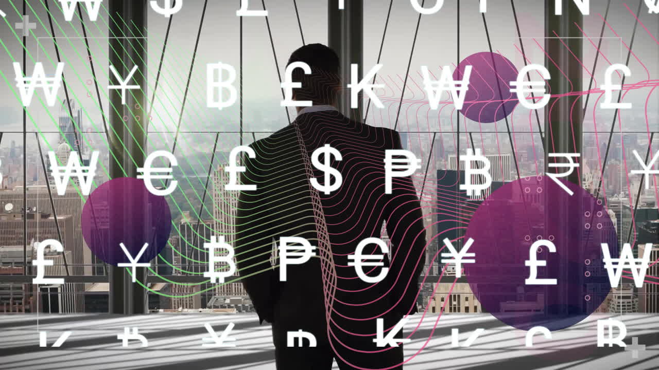 Businessman gazing over city skyline in high rise office, displaying floating currency symbols