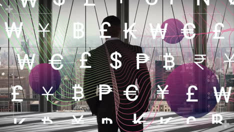 businessman gazing over city skyline in high rise office, displaying floating currency symbols