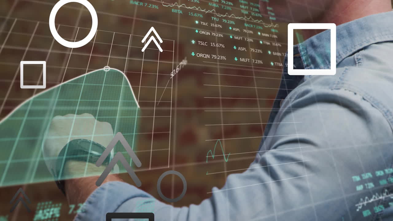 man extending arm interacting with AR finance interface showing grid charts tickers arrow icons