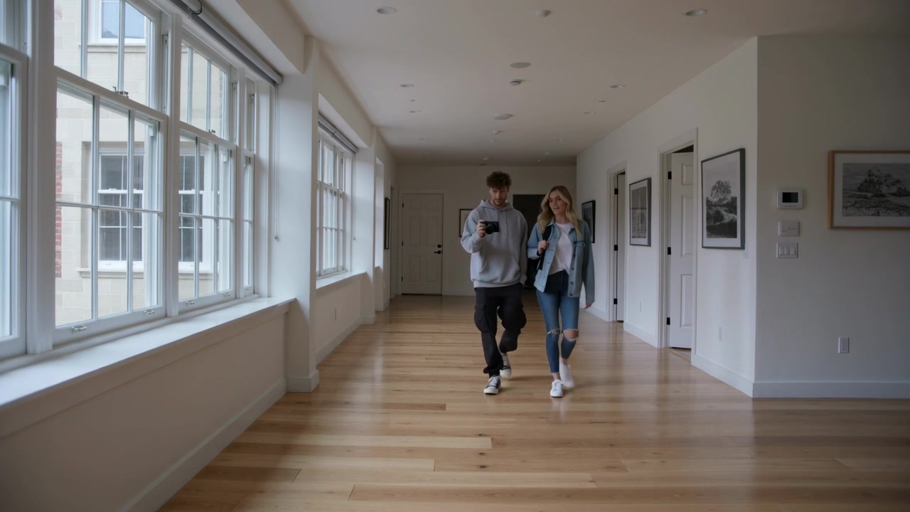 Una coppia che cammina ed entra da una porta lungo un corridoio, l'uomo con la felpa che controlla il telefono, la donna in jeans che porta una borsa.