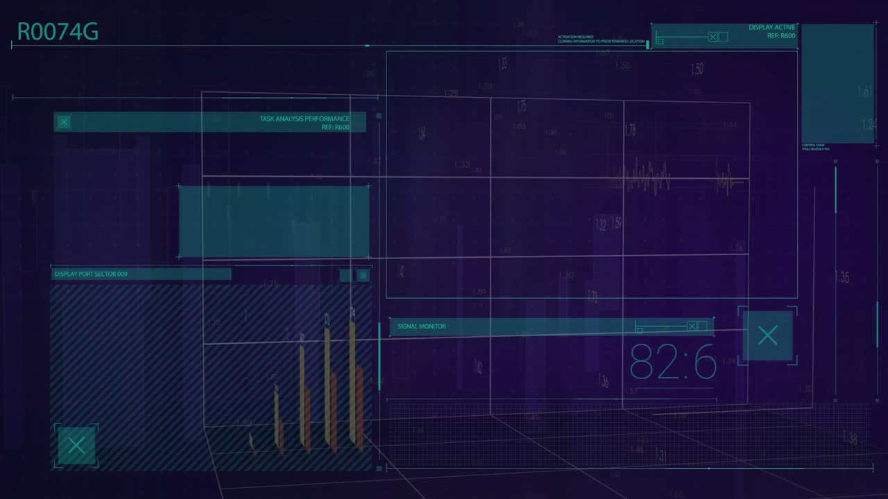 3D bar chart showing orange red bars moving over translucent teal panels with line waveforms