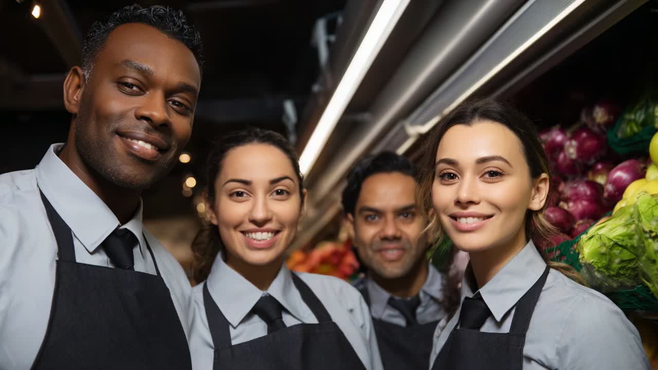 Ein dynamisches Team aus vier verschiedenen Angestellten eines Lebensmittelgeschäfts, die freundlich lächeln, während sie vor frischen Produkten stehen und Teamwork, Zusammenarbeit und Kundenservice in einer lebhaften Einzelhandelsumgebung zeigen