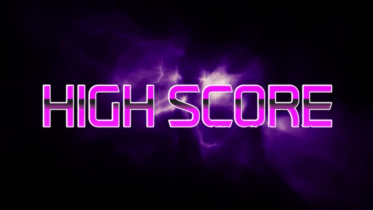 Animation of glitch effect over high score text banner and purple digital wave on black background