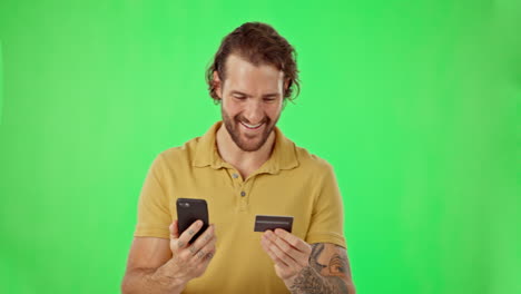 Happy-man,-phone-and-credit-card-excited-on-green