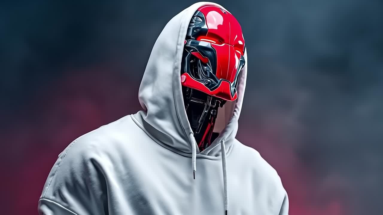 A man in a white hoodie with a red helmet on his head