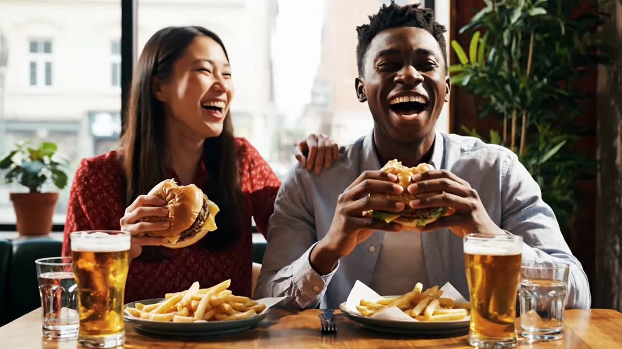 Happy interracial couple laughing and eating burgers
