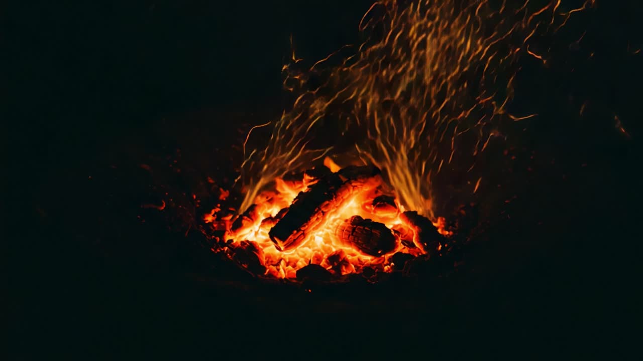 Glowing Ember Fire Pit with Dancing Sparks: A Captivating Visual of Nature's Fiery Beauty Amidst the Dark Night
