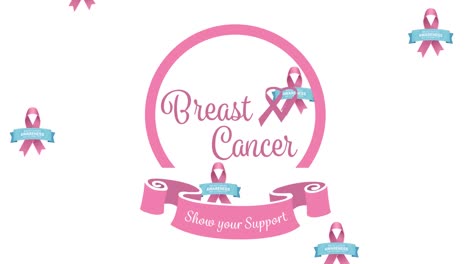Animation-of-multiple-pink-ribbon-logo-falling-over-breast-cancer-text-appearing-on-white-background