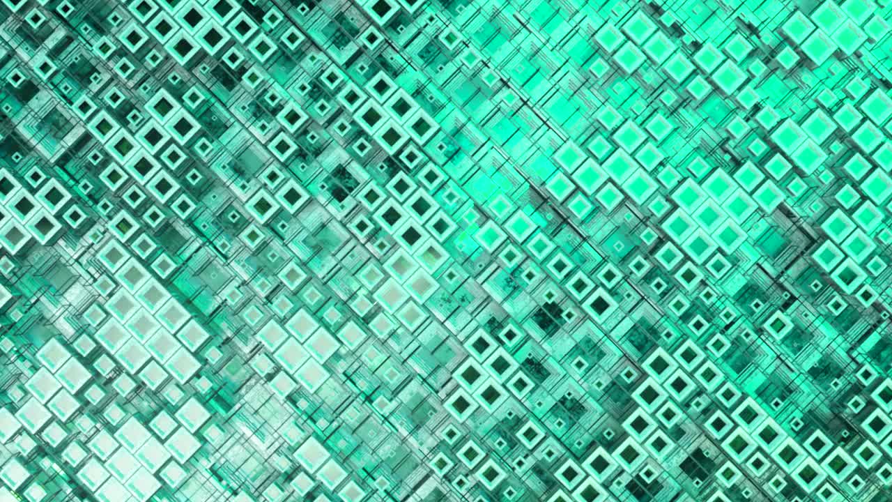 4k에서 프로그래밍을 통해 떠다니는 큐브의 다채로운 유리 줄의 3d 애니메이션, 추상적인 그래픽 배경 기술 텍스처를 만니다.