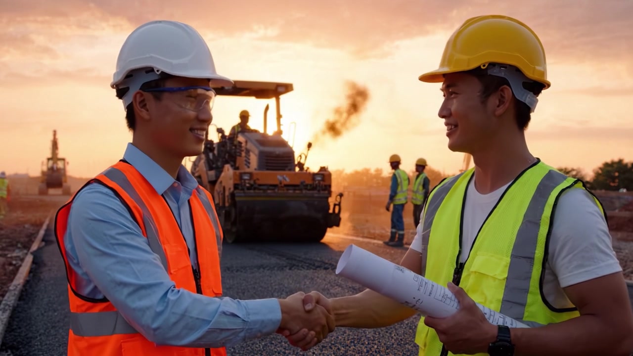 Two Construction Workers Collaborating on Urban Project During Sunset, Communicating Effectively While Heavy Machinery Operates in the Background