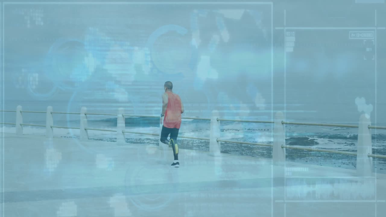 디지털 스크린의 애니메이션 아프리카계 미국인 남자가 바다에서 연습하는 인공 다리를 가지고 있습니다.