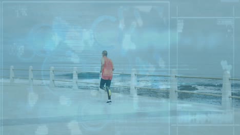 animación de pantalla digital sobre un hombre afroamericano con piernas protésicas entrenando en el mar.