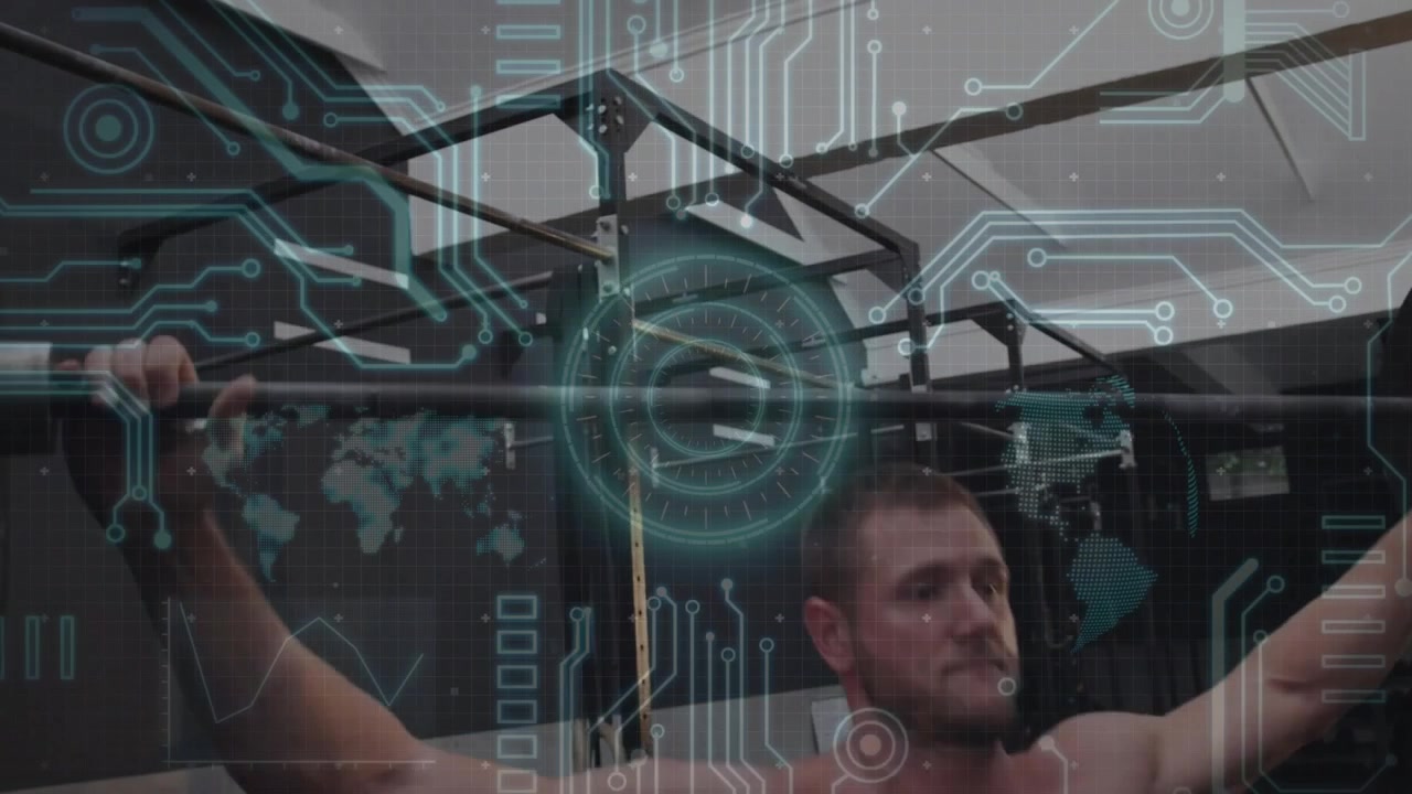 Man doing clean press in gym, initiating pull with leg drive, HUD targeting chest for lockout