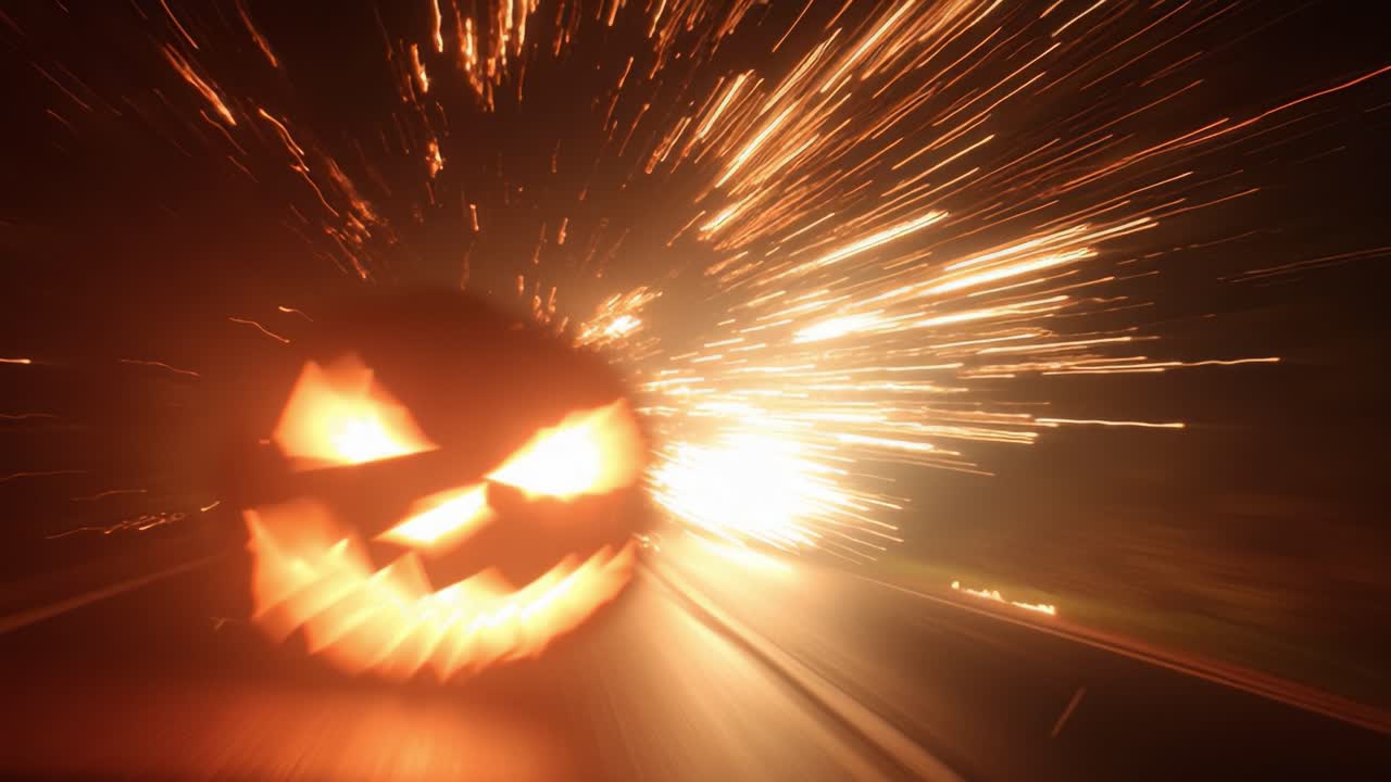 Explosive Halloween Night: A Jack-o'-Lantern Ignites the Road with Striking Fireworks and Spooky Shadows in a Breathtaking Display of Festive Energy
