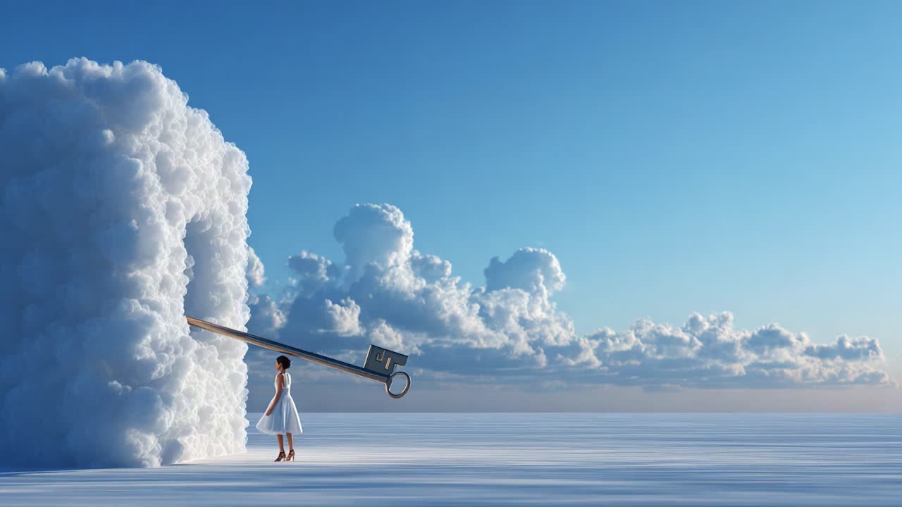 A Dreamlike Scene of a Young Woman Standing Before a Giant Key Emerging from Clouds, Symbolizing Exploration, Imagination, and the Gateway to New Realities in a Surreal Landscape