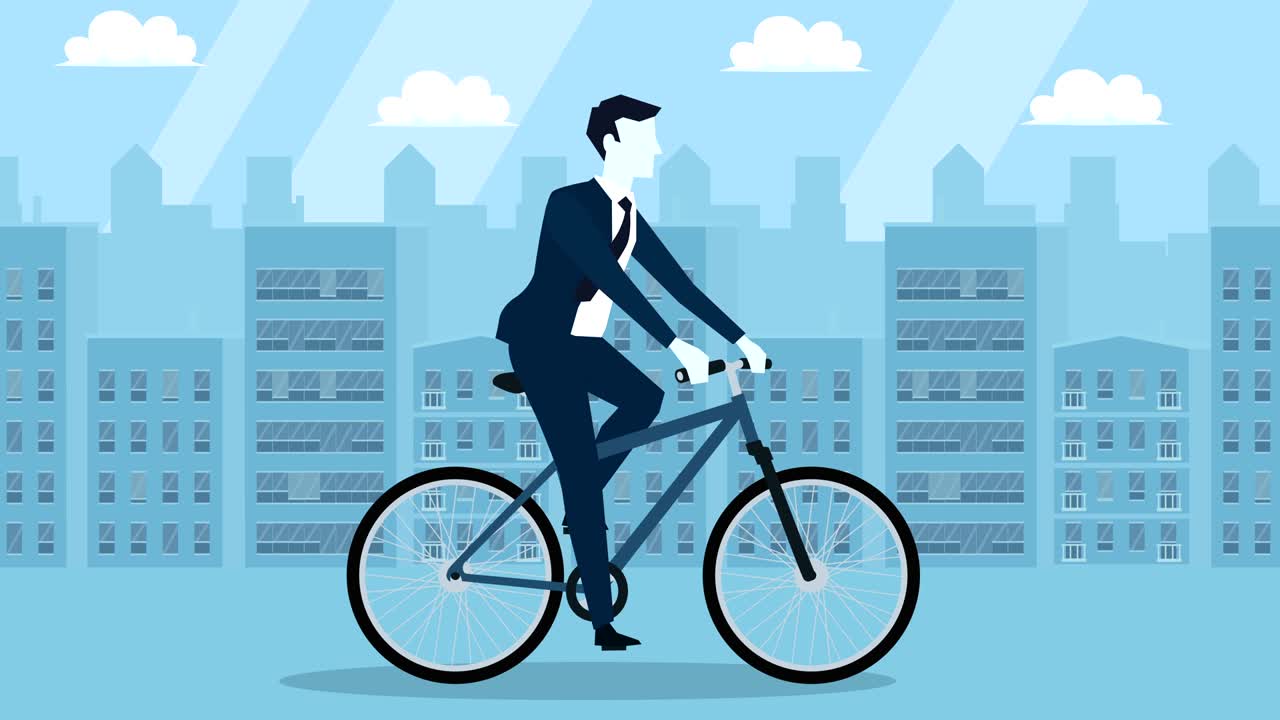 파란 스타일 사업가 자전거 타는 평평한 만화 캐릭터 애니메이션