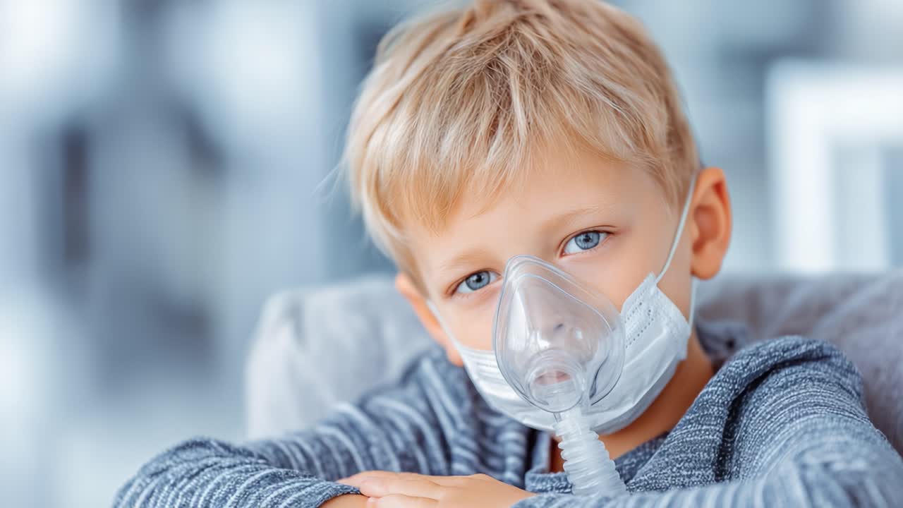 Un bambino con una maschera respiratoria riflette resilienza di fronte a sfide sanitarie, evidenziando l'importanza dell'assistenza sanitaria pediatrica e del supporto nei momenti difficili.