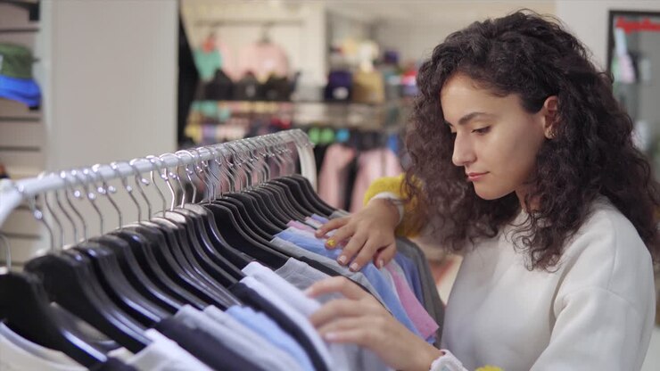 Donna che fa shopping di vestiti in un negozio di abbigliamento