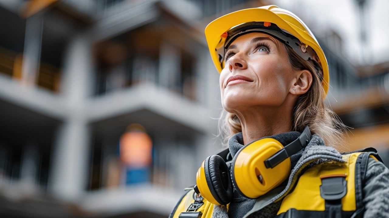 Fiera operaia edile con un cappello giallo che guarda in alto in un cantiere