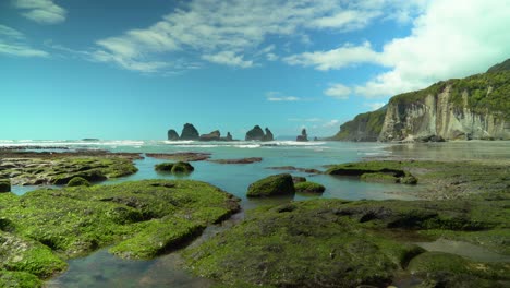 low tide is seen on motukiekie beach on new zealand's south island