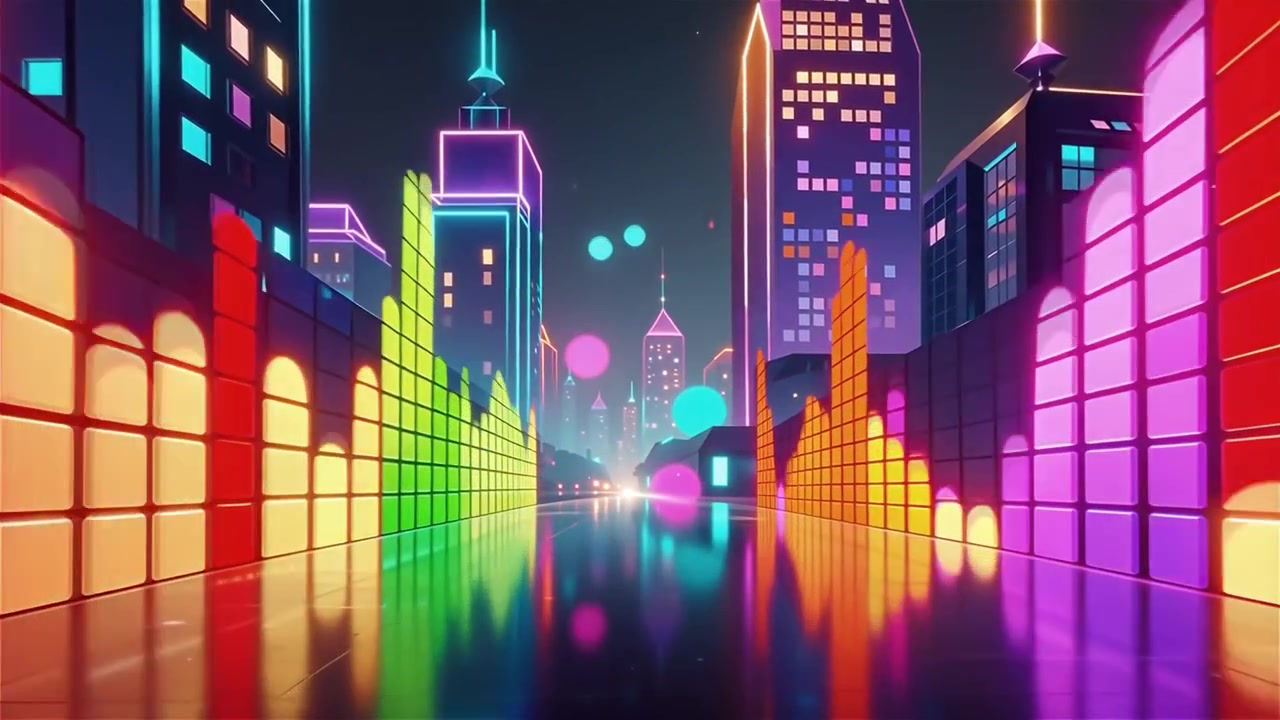 Fundo Futurista com Visualizador de Equalizador de Música Neon Arco-Íris.