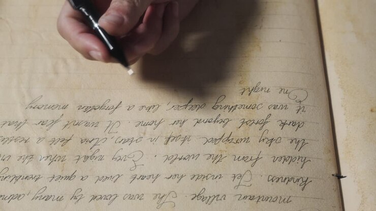 Close-up of a hand writing in a vintage notebook with fountain pen, conveying history, reflection, creativity and classic writing