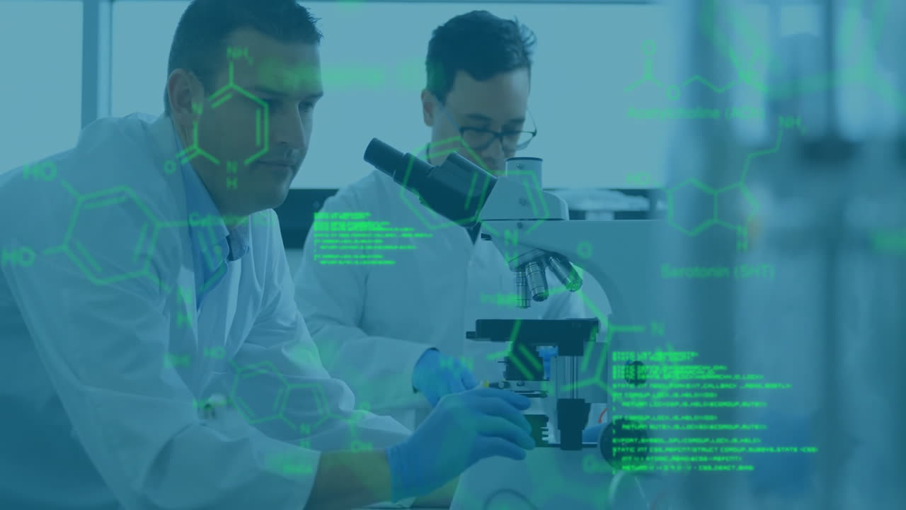 animación del procesamiento de datos científicos sobre diversos científicos en el laboratorio