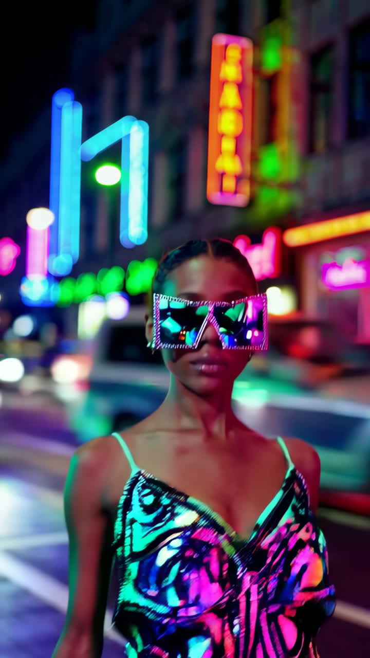 Woman in Dazzling Sunglasses and Sequined Top in a Neon City Night