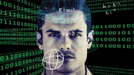 mathematical equations and symbols against man face and binary coding