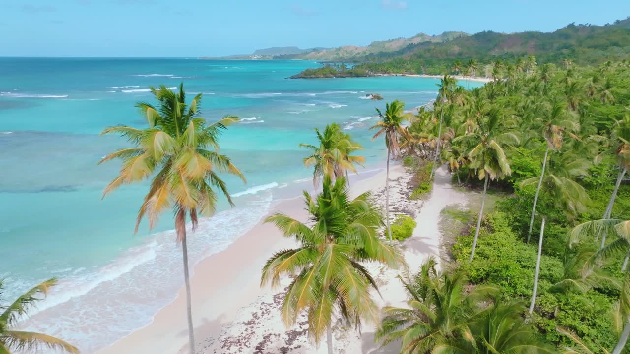 Vista aerea della tropicale Playa Rincón con spiaggia sabbiosa e limpido Mar Caraibico sotto il sole