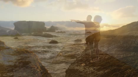 vidéo de lumières au-dessus d'un couple afro-américain se promenant dans la nature