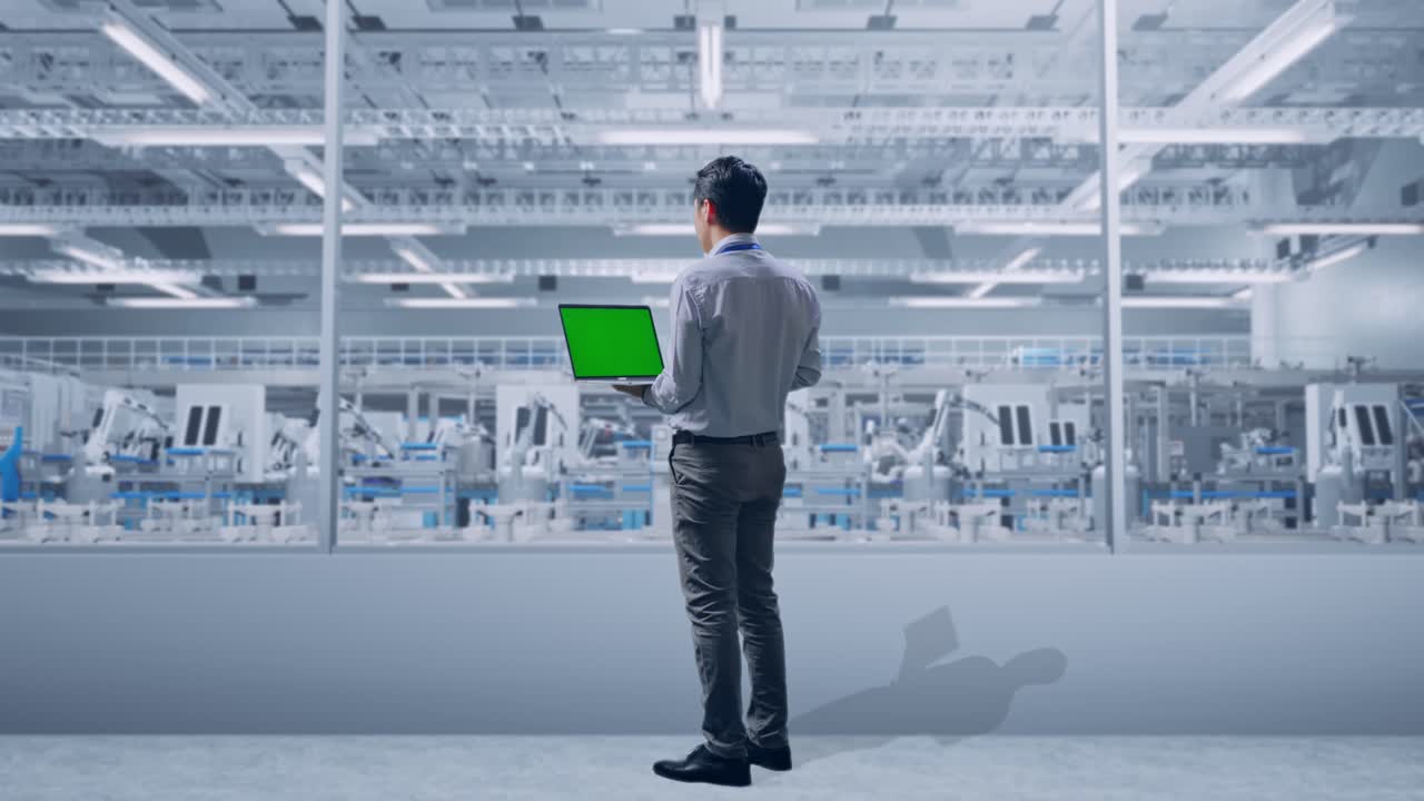 Full Body Back View Of An Asian Male Professional Worker Standing At Factory Digitalization, Typing On Laptop'S Keyboard With Green Screen And Look At The Factory Once
