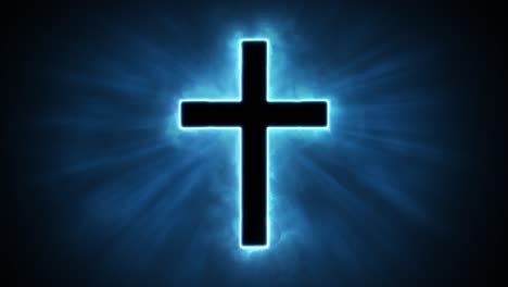 Uplifting-and-deeply-inspiring-reveal-animation-of-a-plain-classic-holy-blue-Christian-crucifix-cross,-in-a-smoky-mystical-glow-and-emating-shining-God-rays-and-light-beams,-on-a-black-background