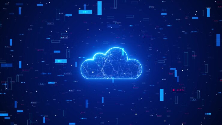 Cloud computing network with digital data interface a glowing cloud of connected lines floats among