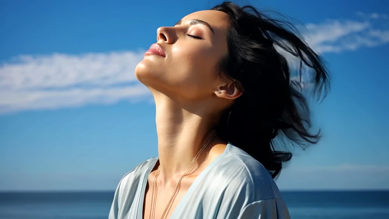 Fermo immagine ravvicinato di un video di una donna che si gode il sole in riva al mare, a occhi chiusi, che trasmette serenità