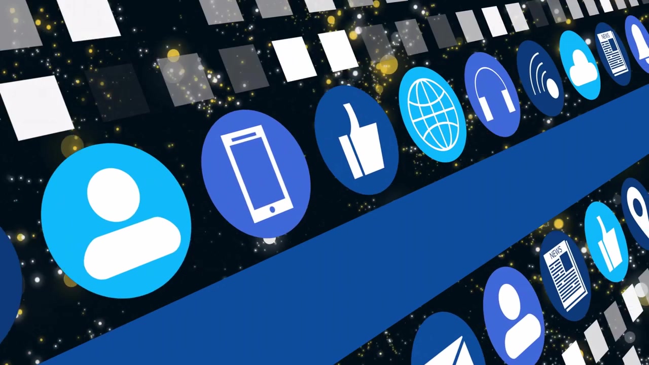 Animation af digitale ikoner for kommunikation og teknologi på en funklende baggrund.