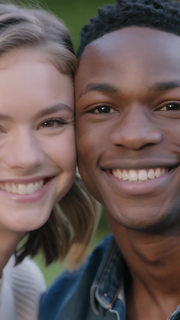 Video vertical: Pareja sonriente posando para una selfie en un parque, hombre con ropa vaquera sosteniendo un smartphone.