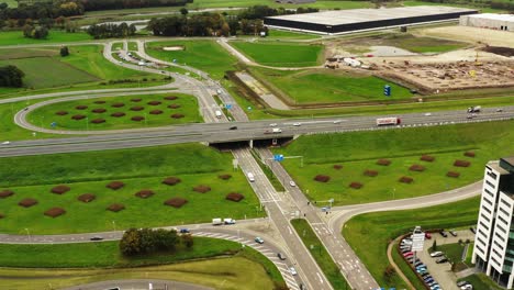 Aerial-drone-shot-of-a-Dutch-highway-intersection