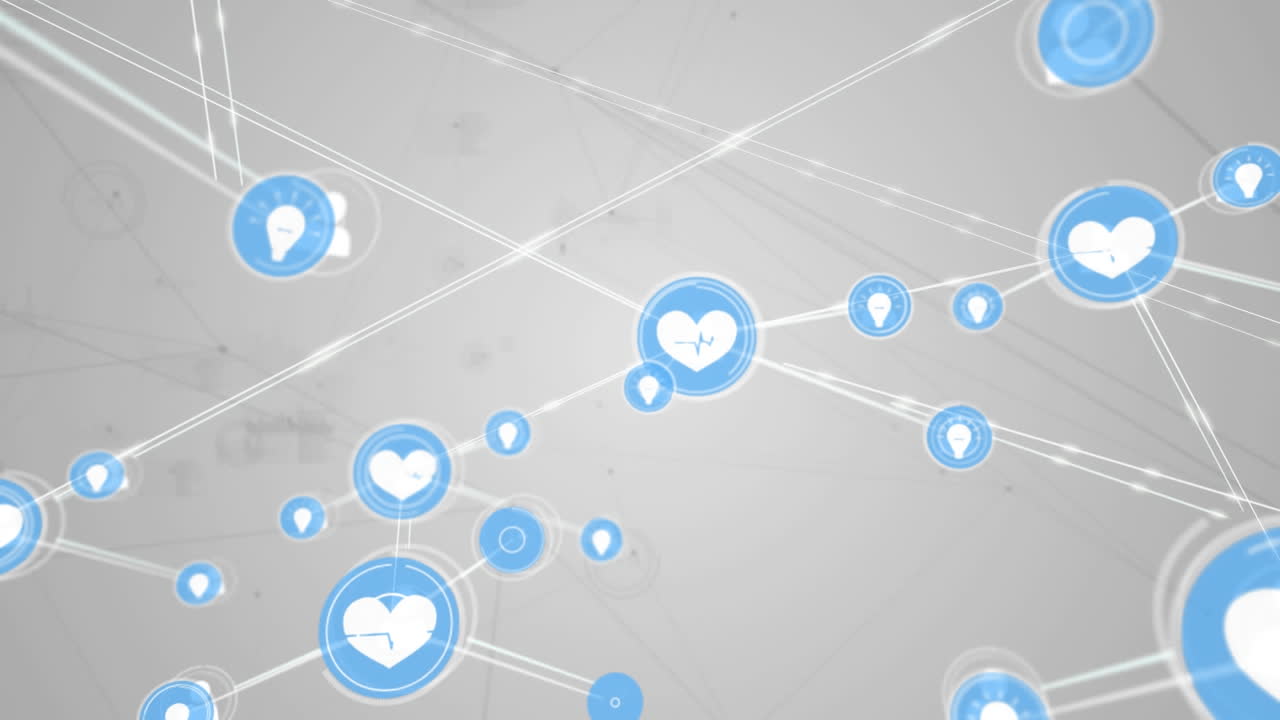 animación de redes de conexiones con iconos sobre fondo blanco