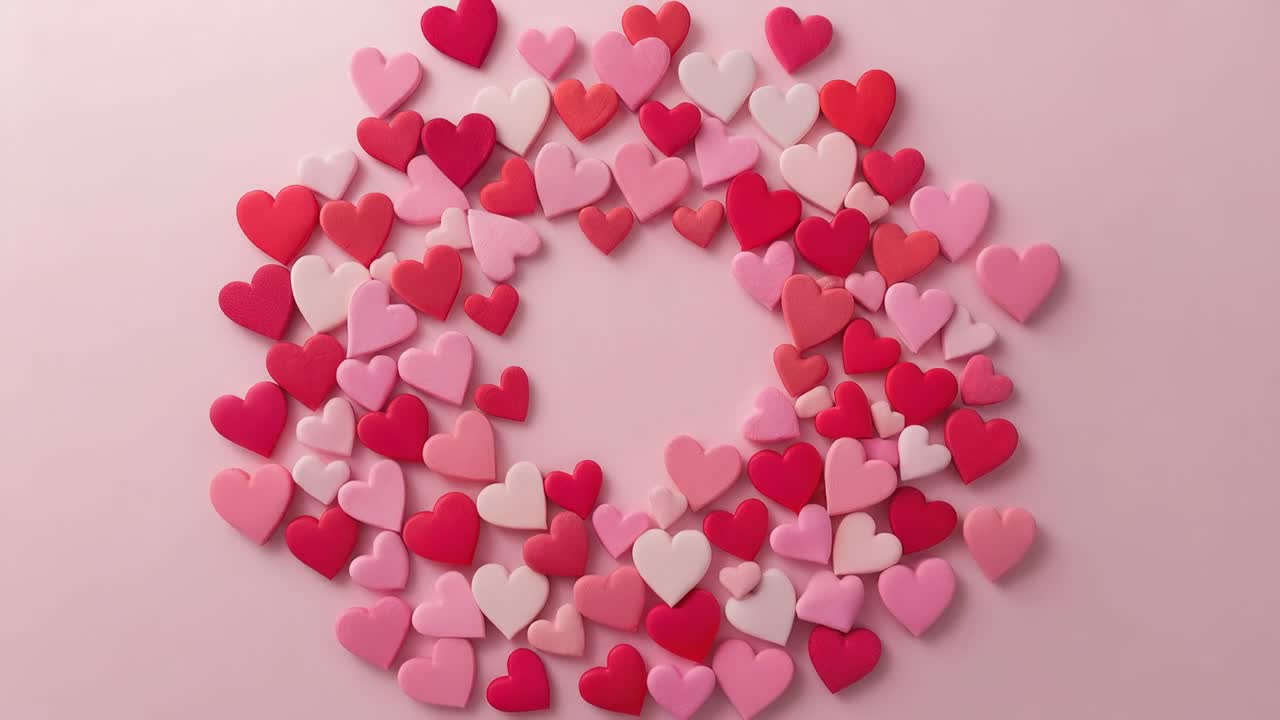 Visualizzazione di fotogrammi di pezzi di cuore sparsi che si muovono verso l'interno, formando una ghirlanda di cuori pieni su un tavolo da lavoro