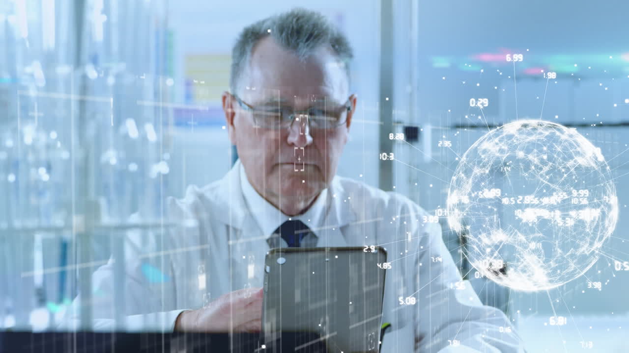 디지털 아이콘 네트워크의 애니메이션과 스마트폰을 사용하여 사람 위에서 회전하는 지구