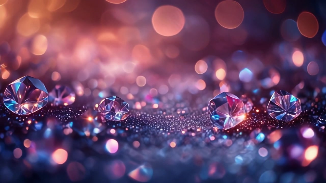 Gemme scintillanti su una superficie luccicante con uno sfondo bokeh morbido.