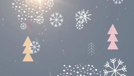 Animation-of-snowflakes-falling-over-christmas-trees