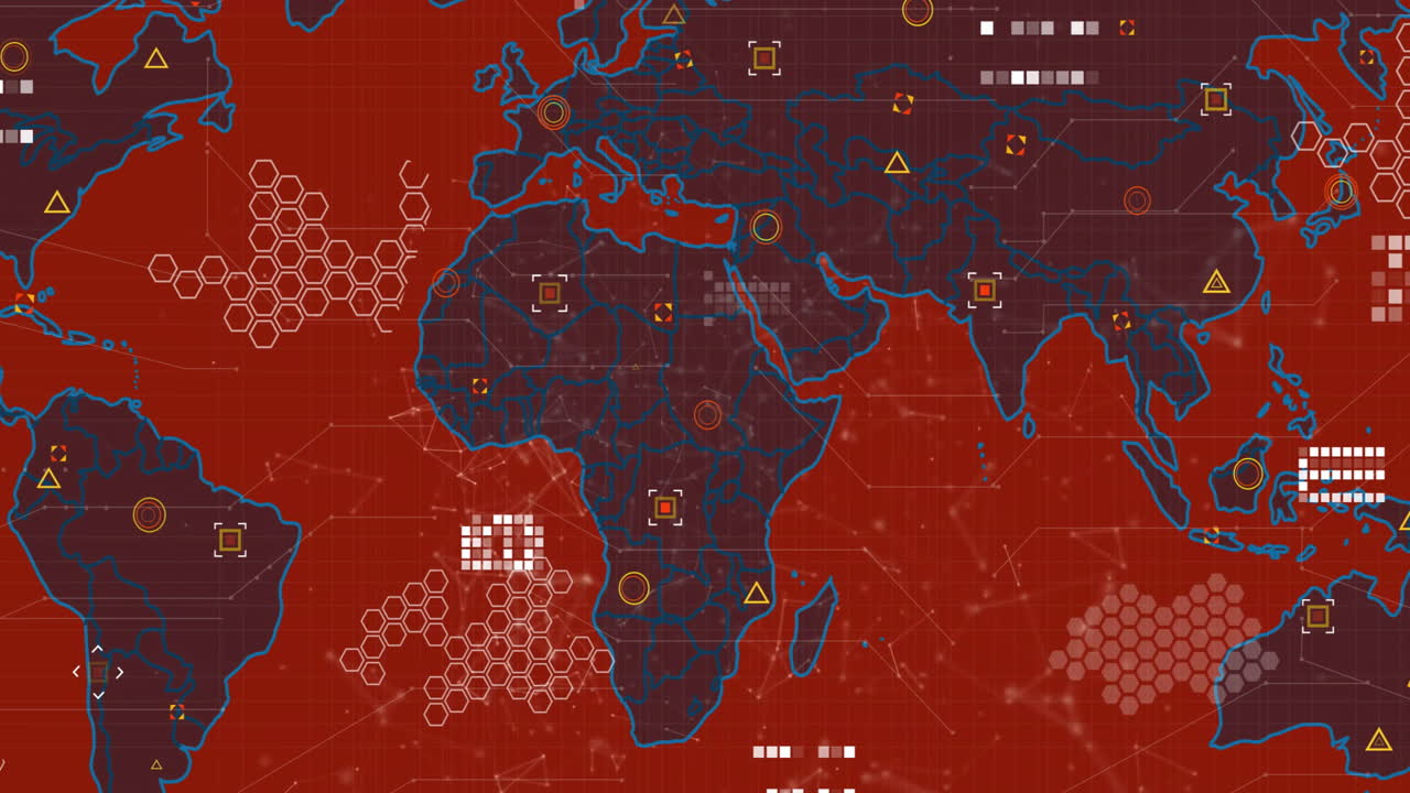 Animation of digital world map showing data processing and network connections