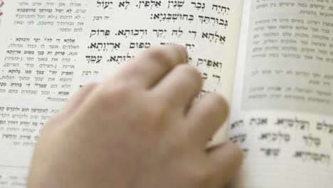 a boy reading a hebrew holy book, follows the reading with his finger, jewish book of prayer book