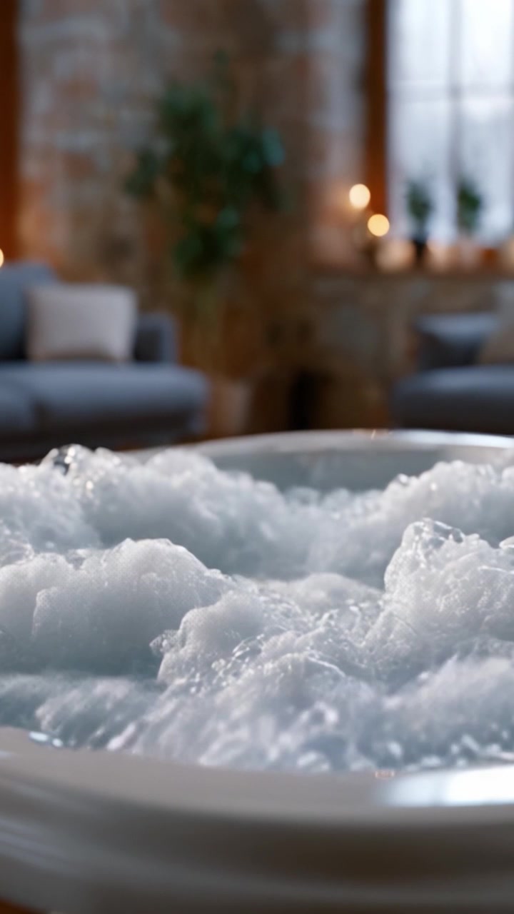 Un rifugio tranquillo: bolle rilassanti e relax in un lussuoso ambiente da bagno con illuminazione soffusa e serenità.